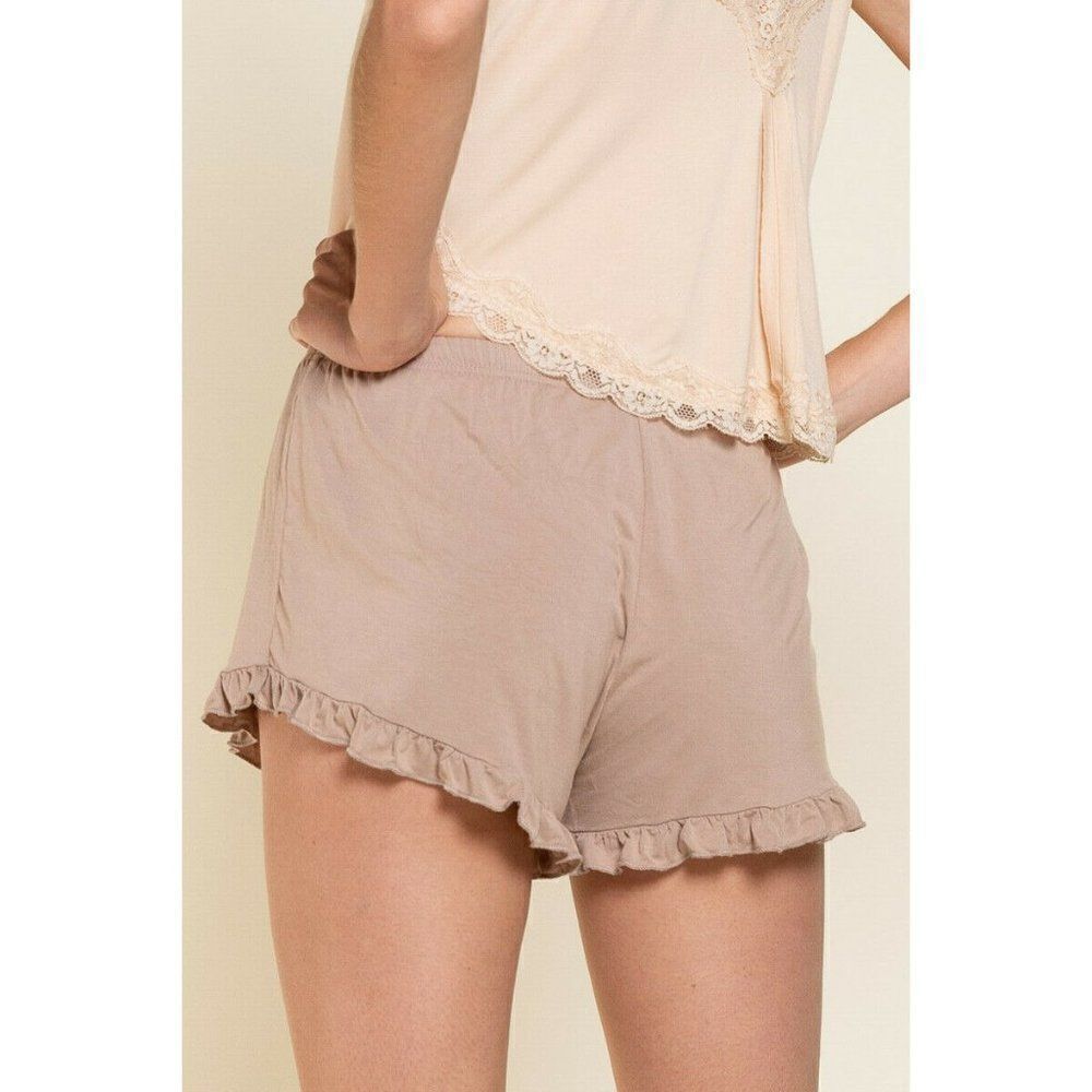 SALE! POL CLOTHING Beige Brown Drawstring Ruffle Comfy Shorts Spring Summer - Picture 3 of 5